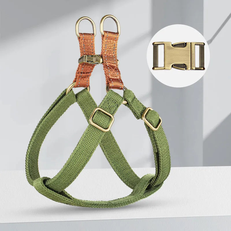 Brown vest-style anti-loss dog leash with cotton and nylon construction and alloy fastener