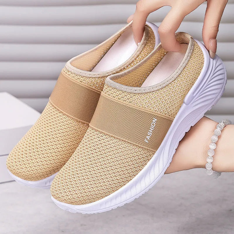Women's breathable mesh casual shoes in multiple colours, flat heel, round toe, slip-on design