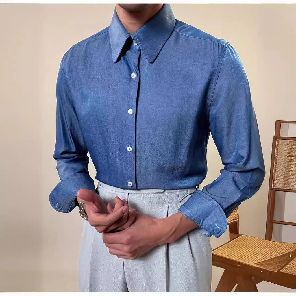 Men's slim fit round collar business shirt in blue rayon-polyester blend fabric