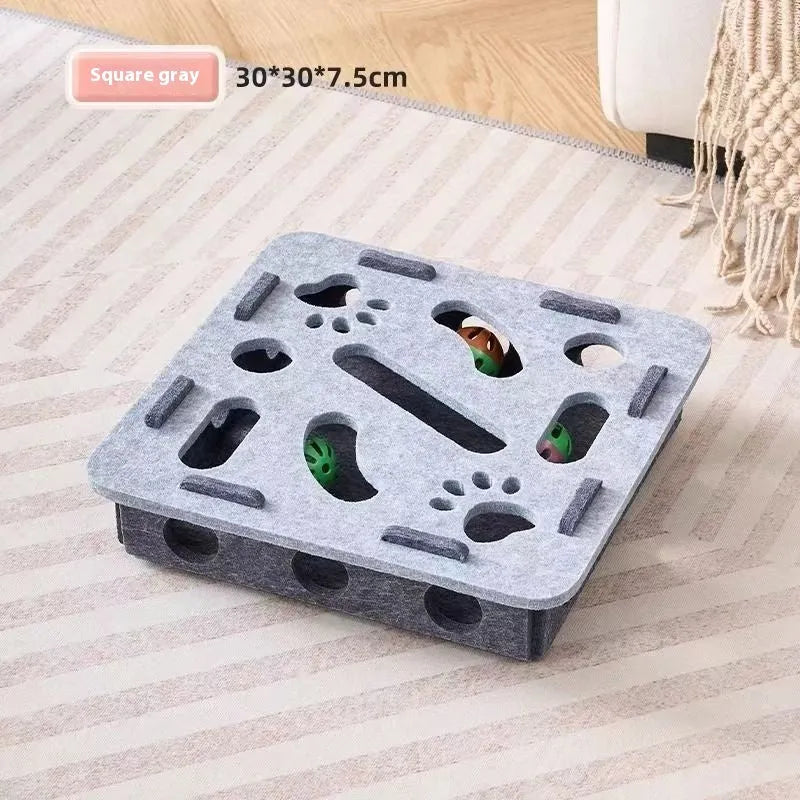 Square felt cat toy box with holes for interactive play in grey colour