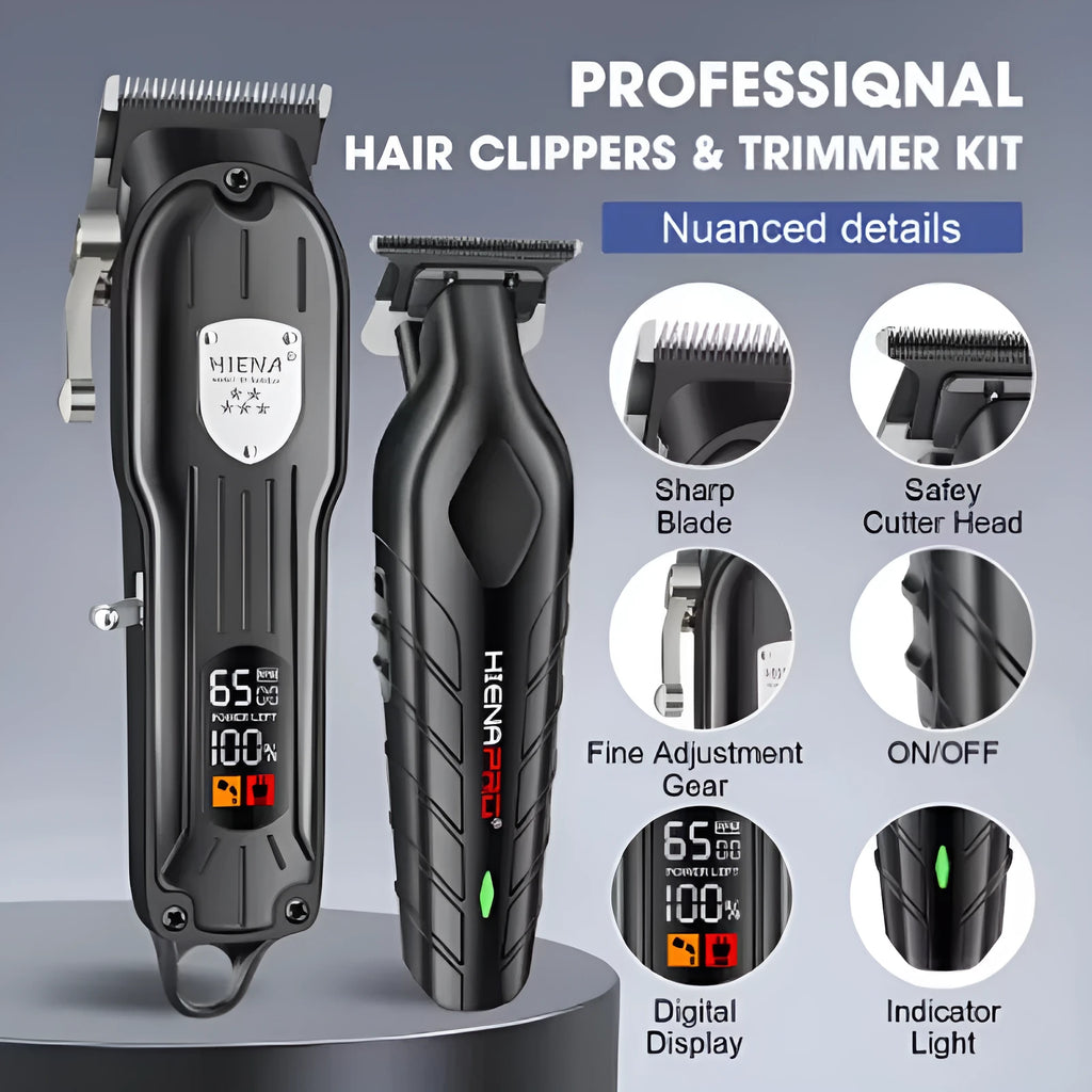 Black men's hair clipper set with LED display, aluminium foil shaver attachment and USB charging cable