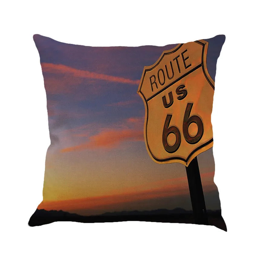 Linen blend cushion cover with Route 66 landscape design, shown in one of six available colours.