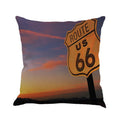 Linen blend cushion cover with Route 66 landscape design, shown in one of six available colours.