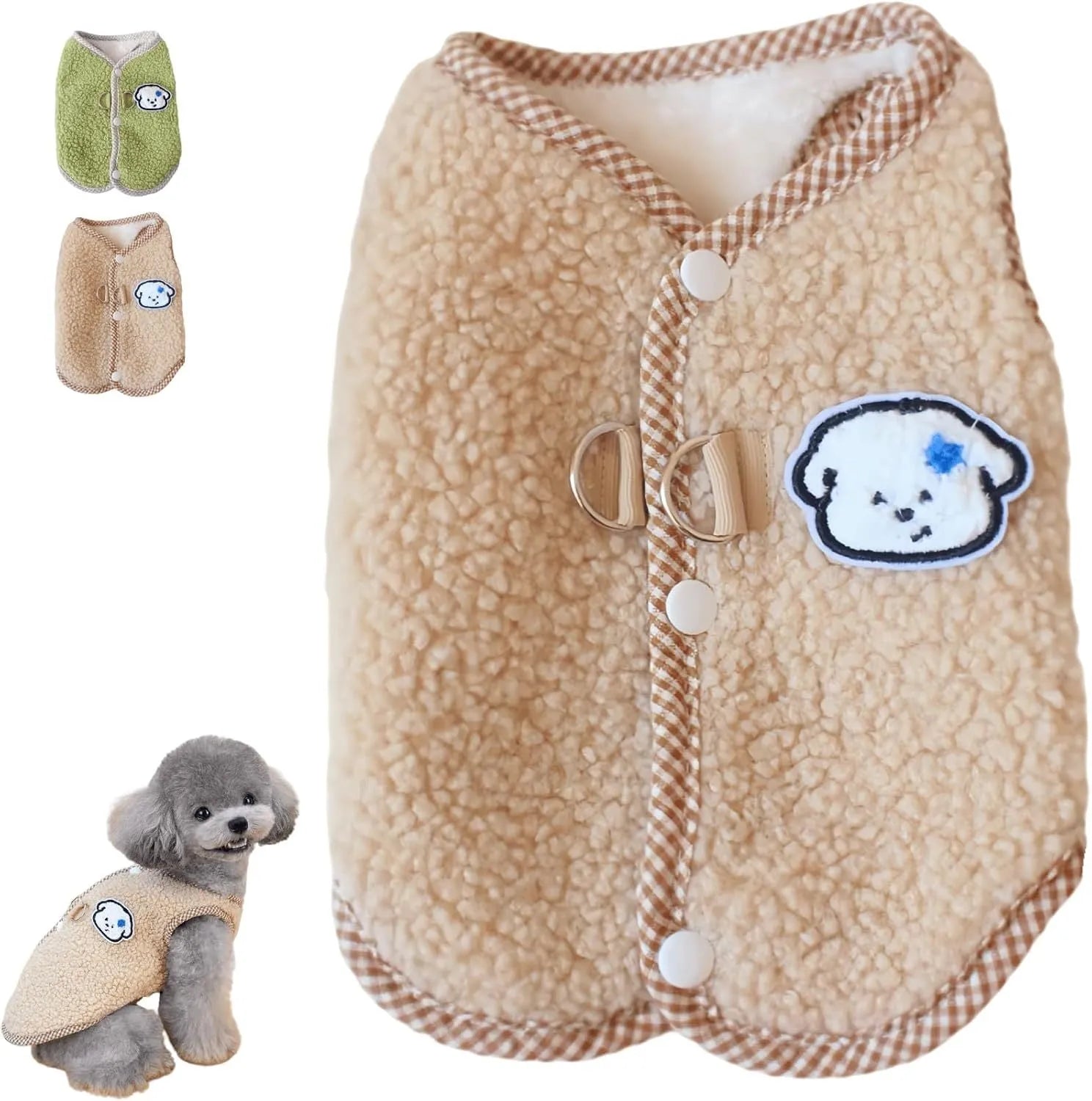Green coral fleece dog sweatshirt vest with leash ring on small dog