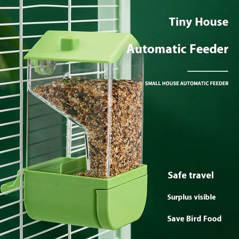 Parrot automatic pet feeder plastic acrylic dome small size white green yellow transparent long ladder