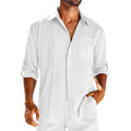 A man's solid-colour long sleeve casual shirt with a polo collar, button front, and chest pocket.