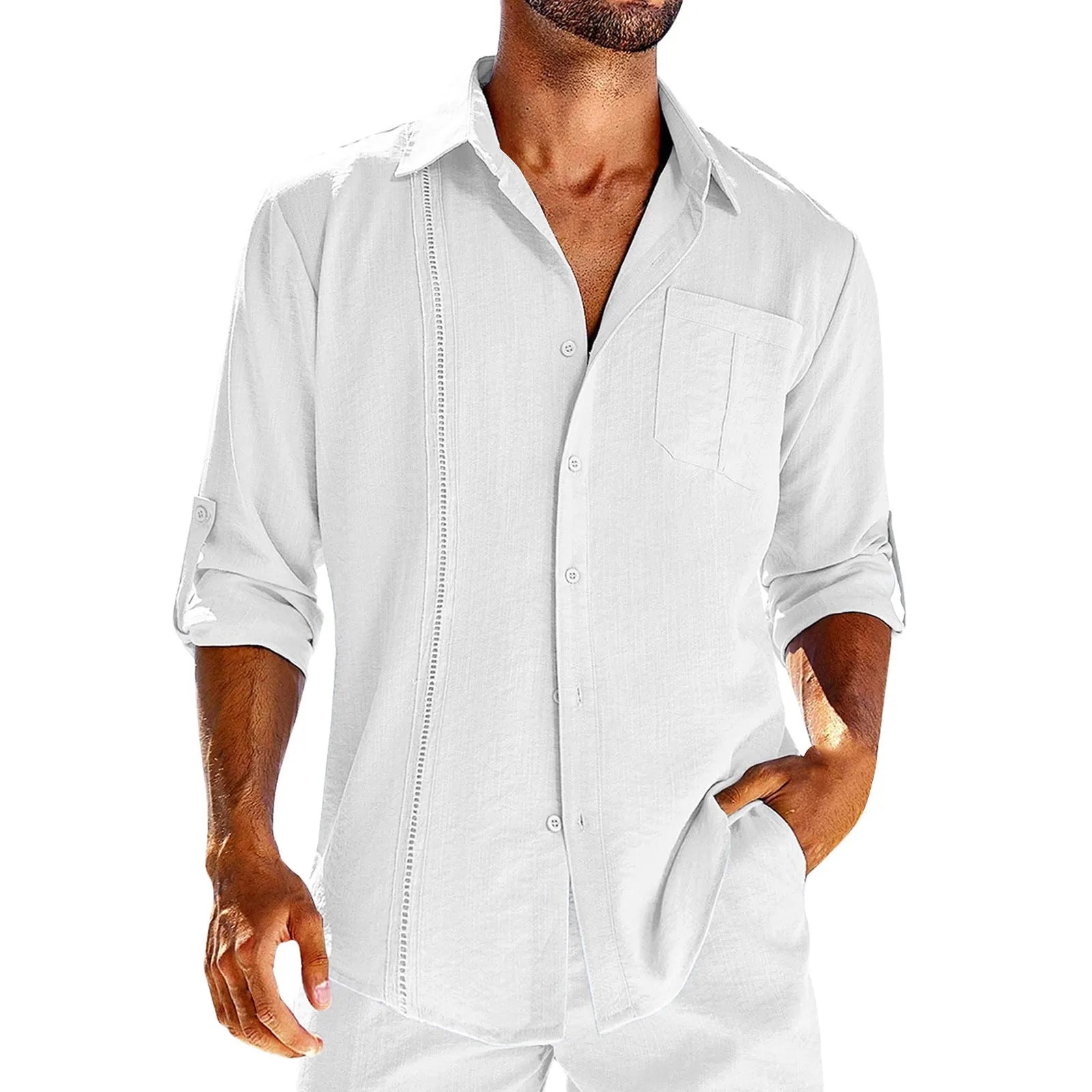 A man's solid-colour long sleeve casual shirt with a polo collar, button front, and chest pocket.