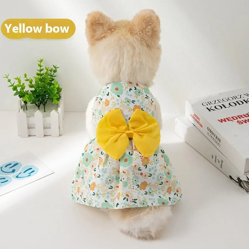 Ultra-thin floral butterfly knot pet dress for dogs and cats in summer with five bow colour options