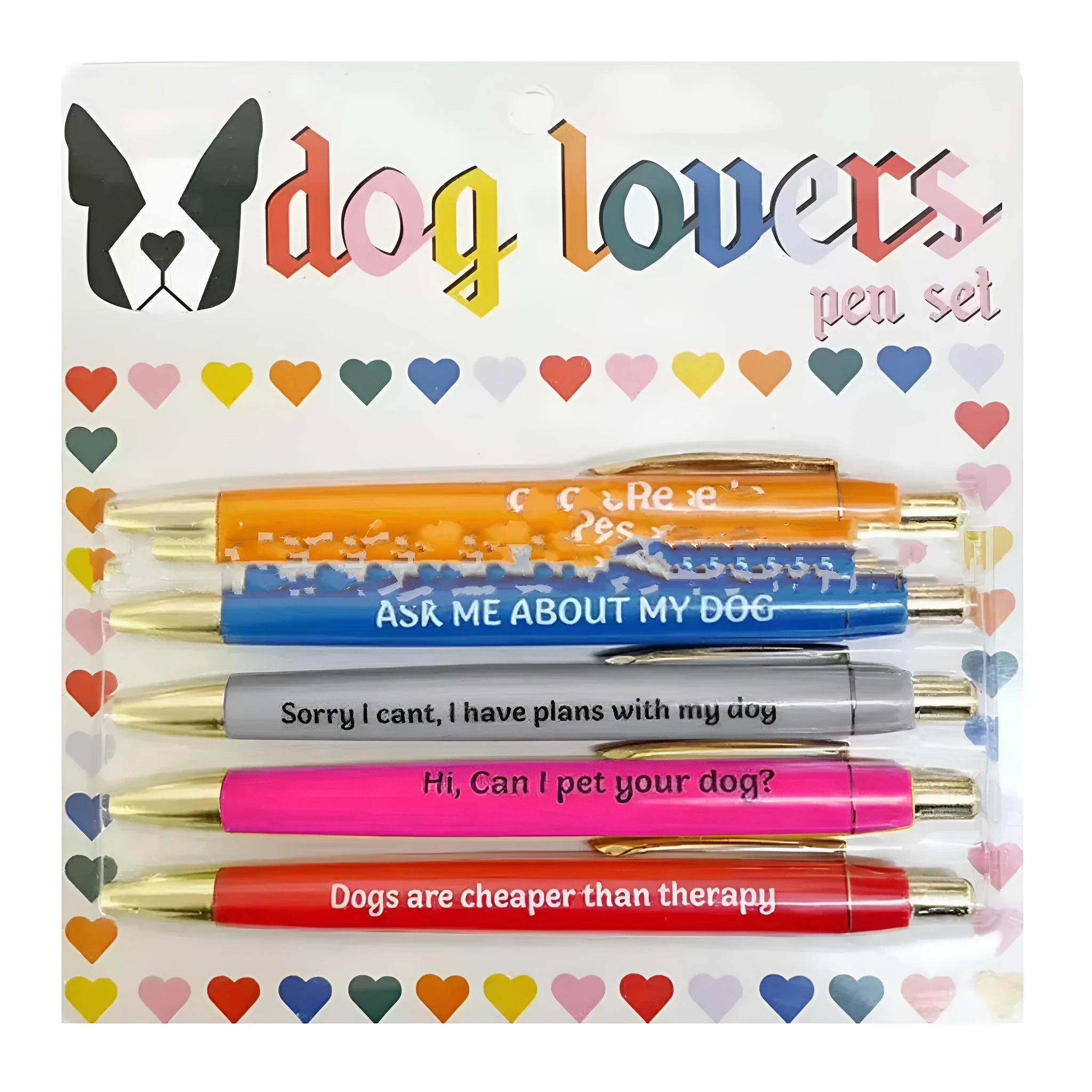 Five coloured automatic pens with push action mechanism in beaded storage bag with cat and dog refill packs