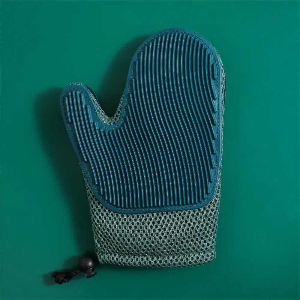 Right-hand pet grooming glove for hair removal and massage in dark blue, light green, or yellow