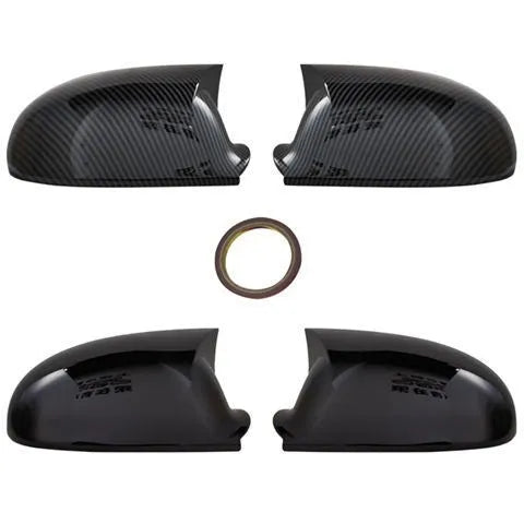 Pair of plastic Volkswagen Sagitar mirror housings in bright black and carbon fibre style finishes.