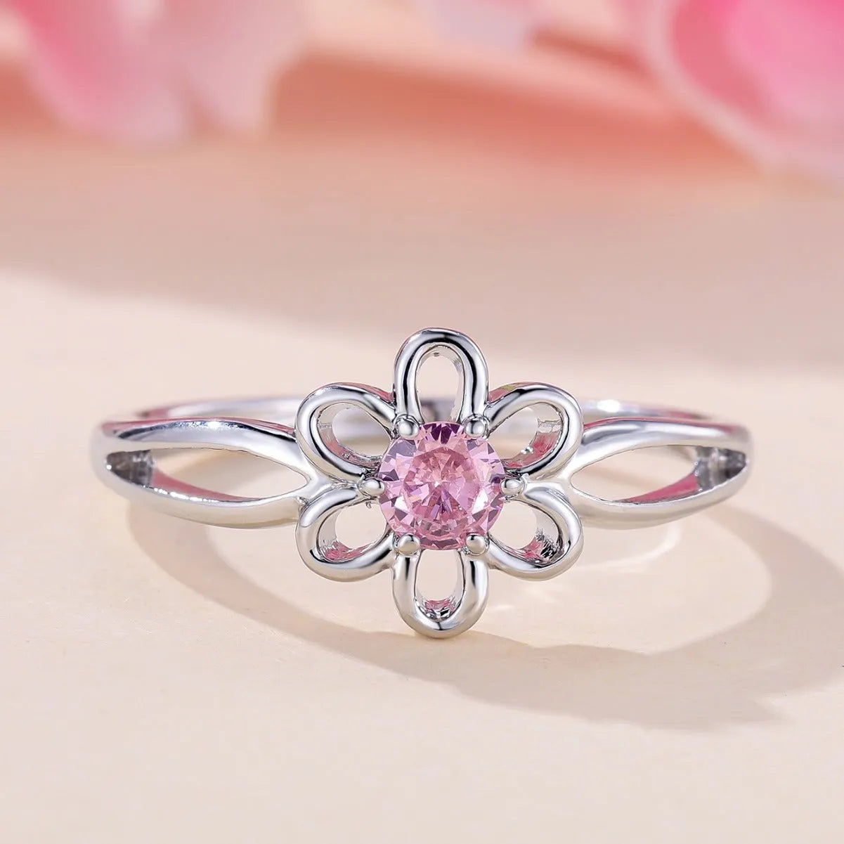 Lady's copper floral hollowed fashion ring with electroplated finish in two colour options
