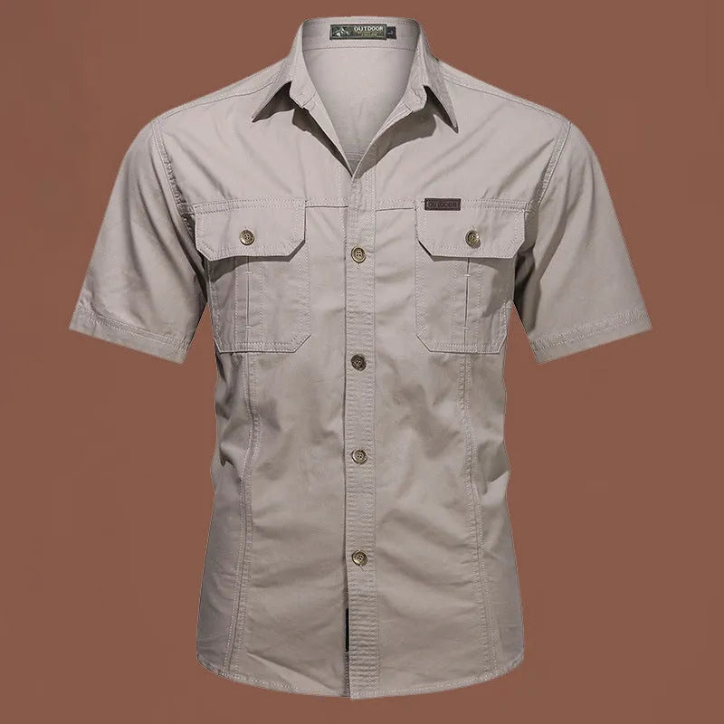 Men's loose fit cotton short sleeve work shirt in army green with non-iron treatment