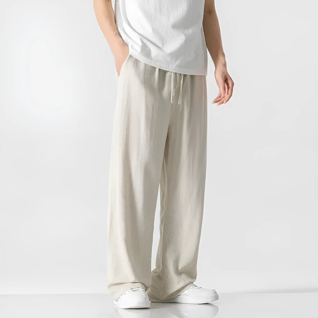 Men's bamboo fibre linen trousers in straight leg cut with cropped length and drawstring waist