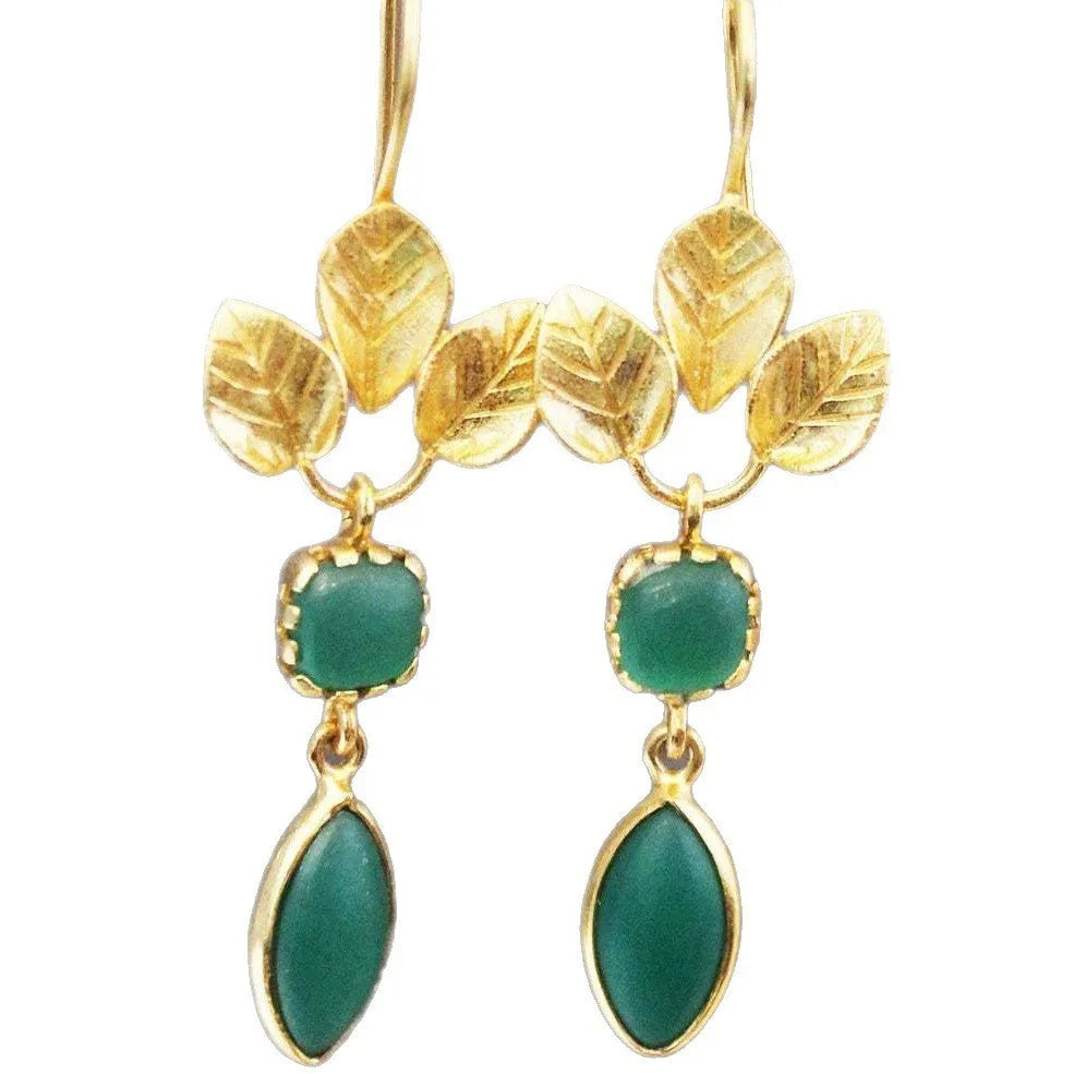 Gold-coloured delicate drop earrings with French leaves, tassels, and zircon accents in water droplet shape