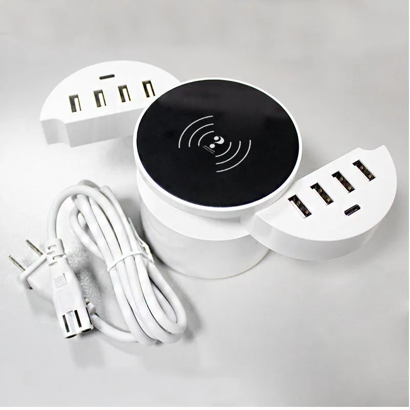 Ceramic white circular wireless charger with multiple ports and international plug adapters