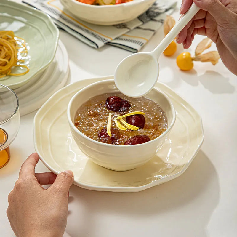7-piece ceramic tableware set with solid colour design and modern simplicity style