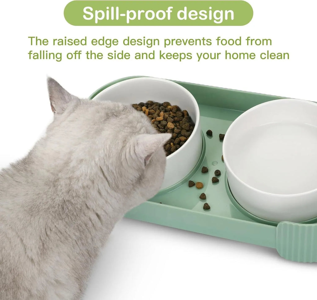 Ceramic elevated cat bowls with 15 degree tilt and non-slip base in green, white or yellow