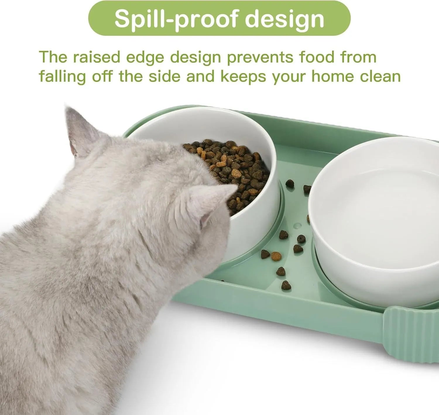 Ceramic elevated cat bowls with 15 degree tilt and non-slip base in green, white or yellow