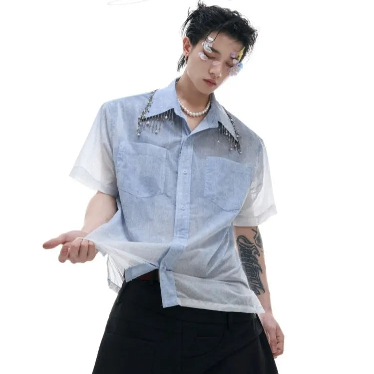 Blue loose fit men's summer shirt with half sleeves on hanger