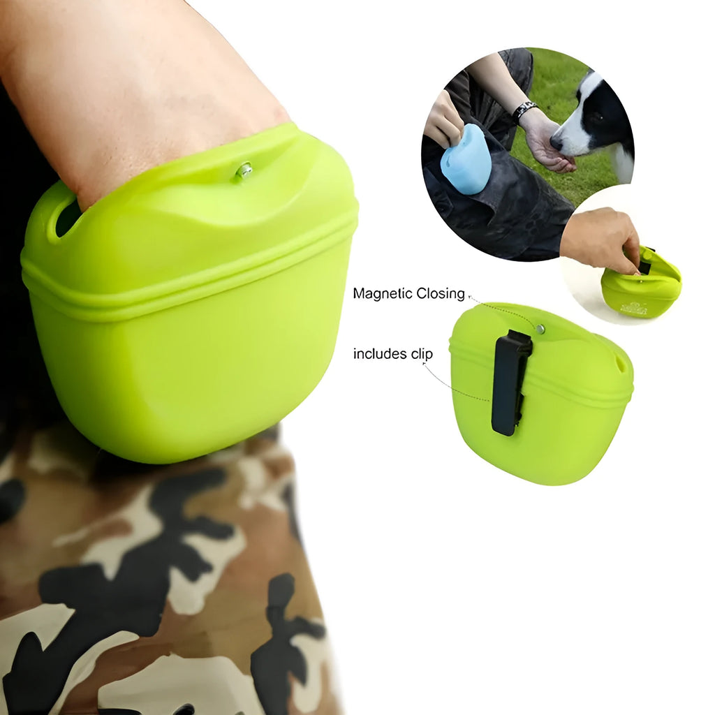 Silicone dog training treat pouch with clip and magnetic closure in assorted colours