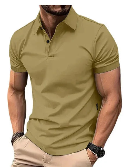 Men's slim-fit cotton-blend short-sleeve button-up shirt in solid colours on a size chart background.