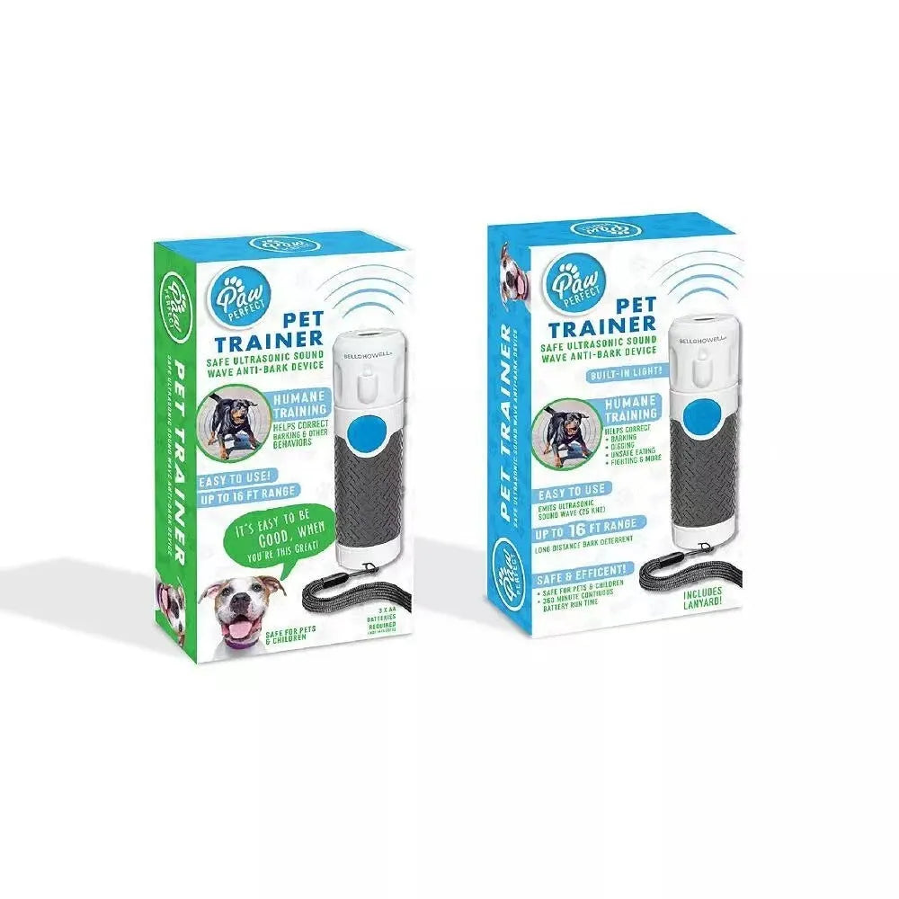 White handheld ultrasonic dog trainer bark stop device on a plain background.