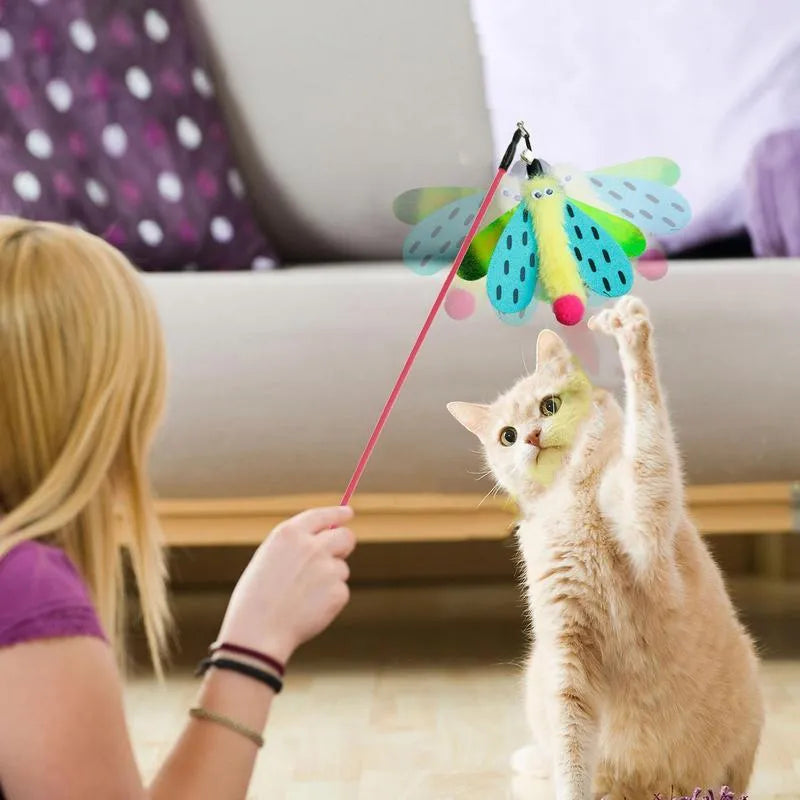 Blue cat wand toy with dragonfly attachment and bell for interactive indoor play