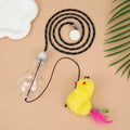 Grey and yellow hanging cat toy with elastic rope, dangling mouse attachment, and treat dispenser bulb