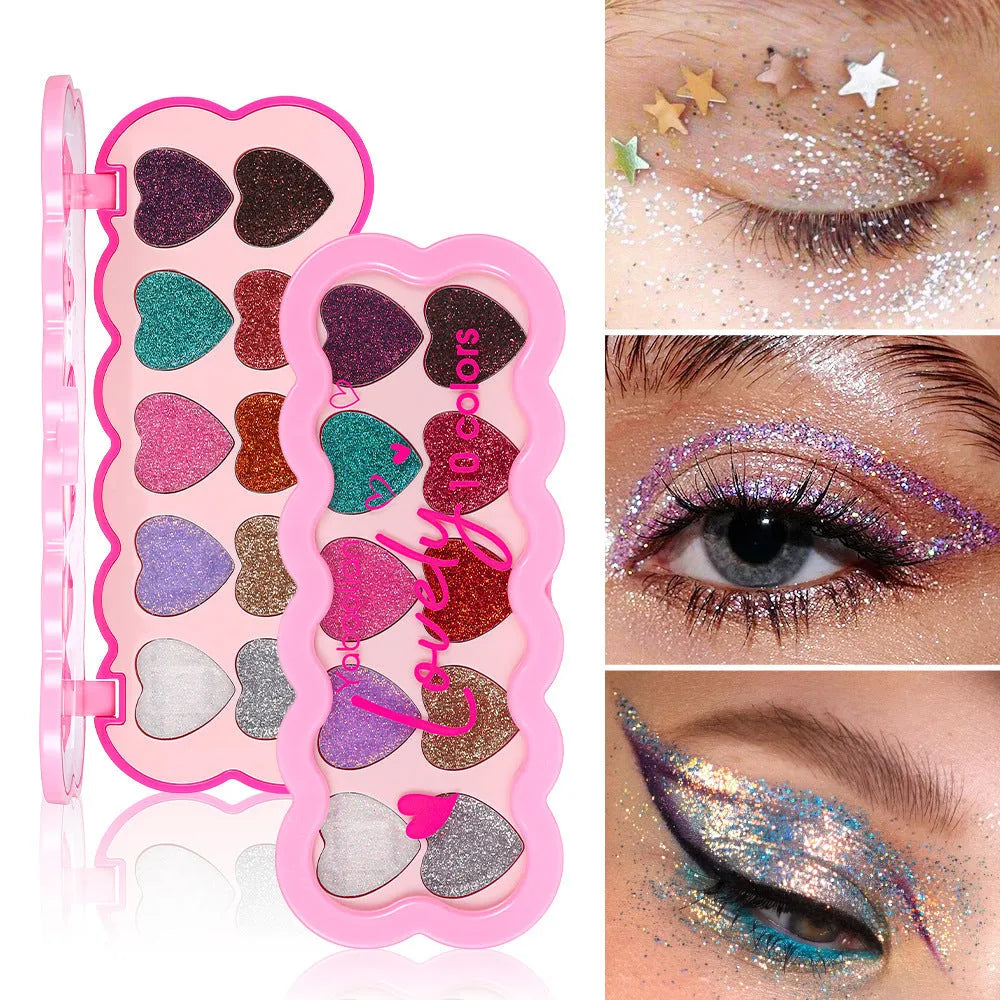 Pearlescent heart shaped ten-colour sequins eye shadow palette with universal skin type compatibility