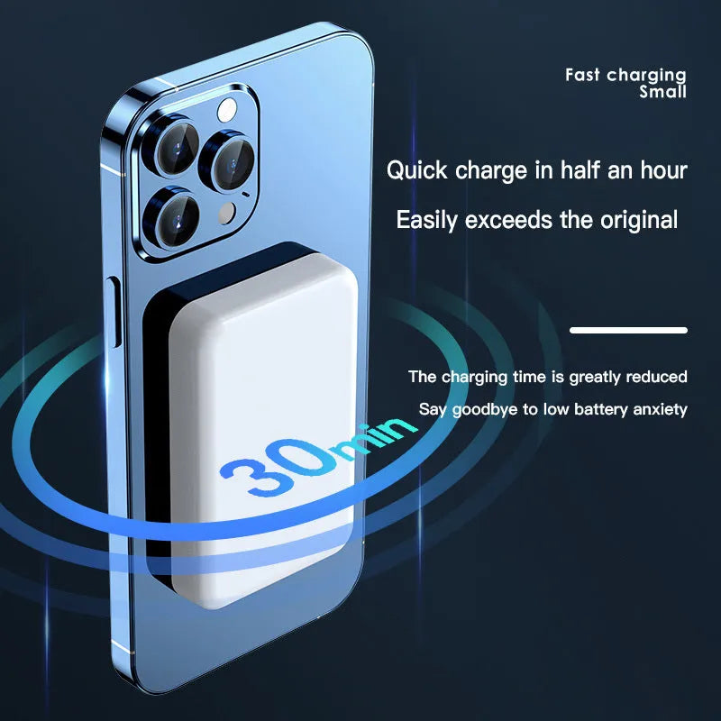 Pink, purple, or white 20000mAh magnetic wireless power bank with plastic shell, showing dimensions.