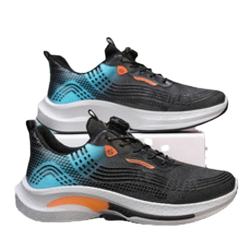Men's low-top white and blue sneaker with a rotating buckle and mesh upper.
