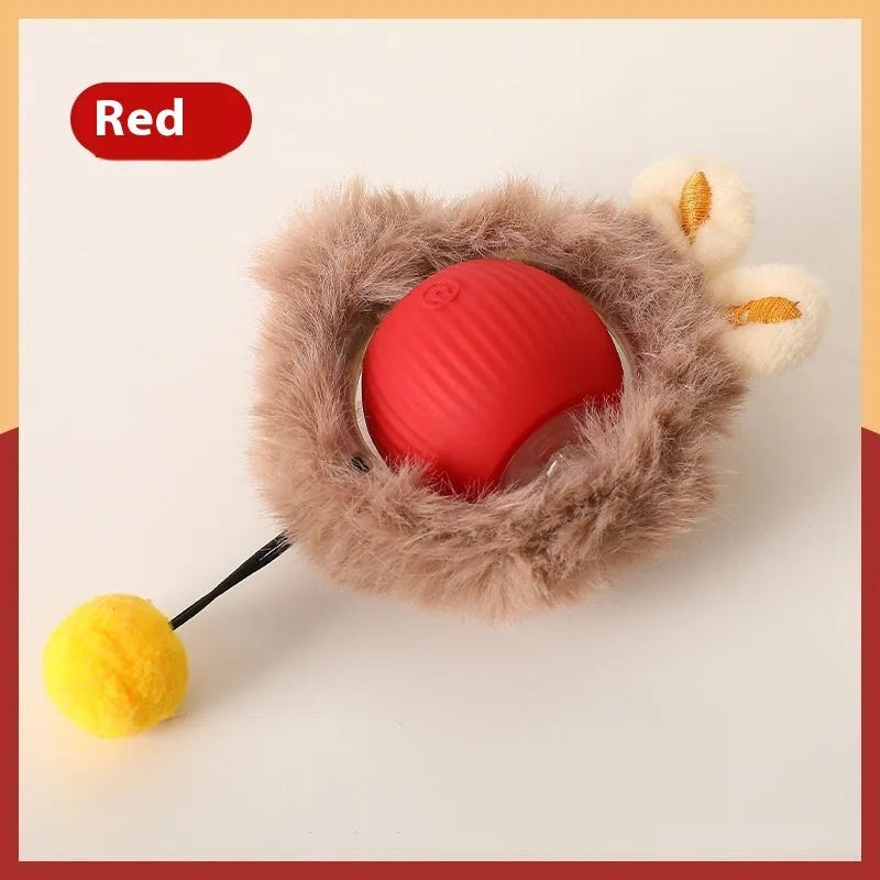 Silicone rolling ball cat toy in red, green, or grey colours, some variants with an attached rope.