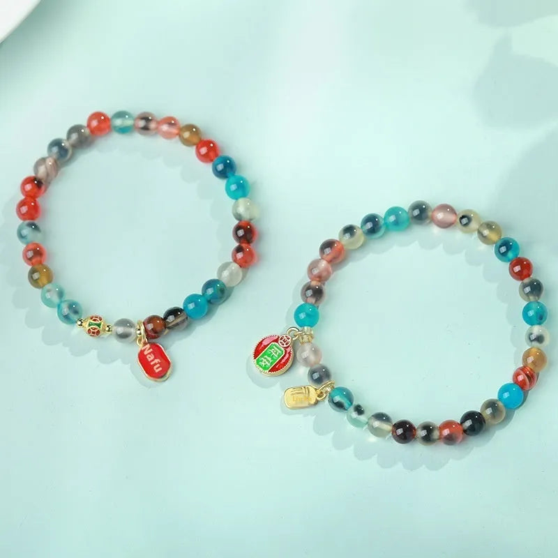 Natural colourful sugar heart agate and coloured glaze copper coin snake bracelet for women