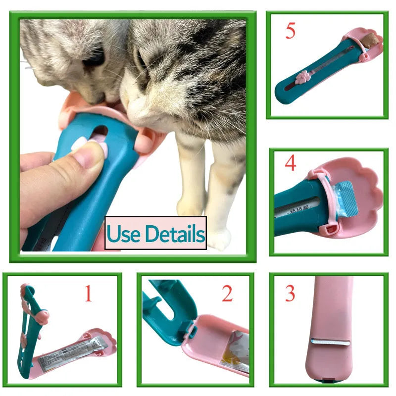 Green and pink pet food scooper spoon with squeezer handle and extruded feeder tip for dispensing treats.