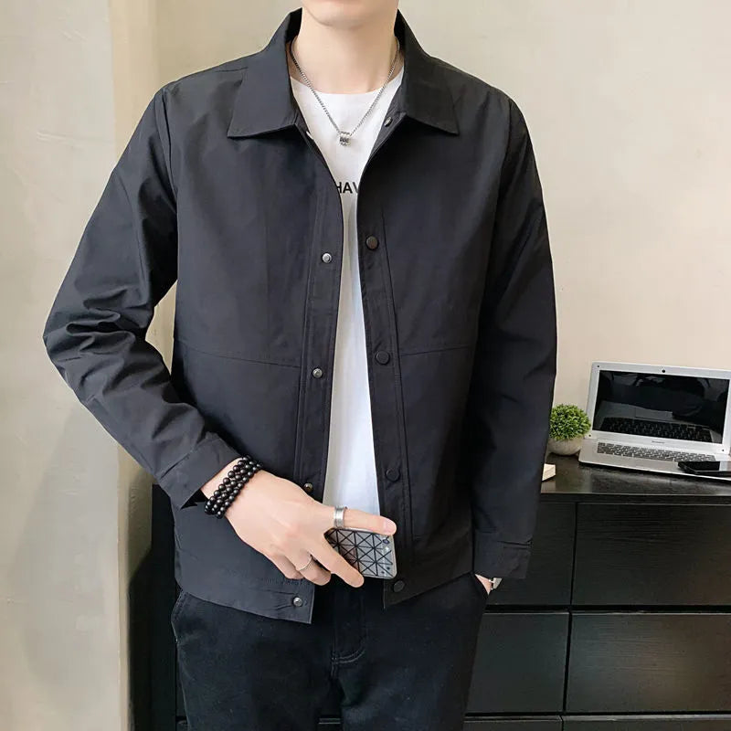 Men's thin Korean-style single-layer jacket in light grey, showing front view with long sleeves.