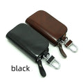 Genuine leather car key case with zipper in black and brown frosted finish.