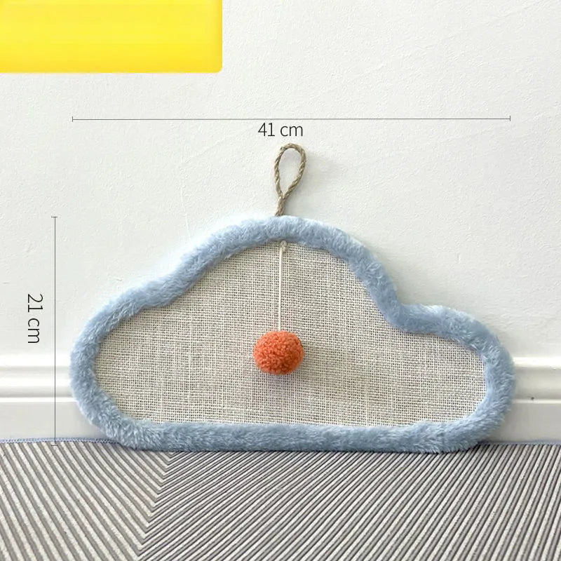 White wall-mounted cat scratching mat with sleeping cat cartoon design on natural sisal surface