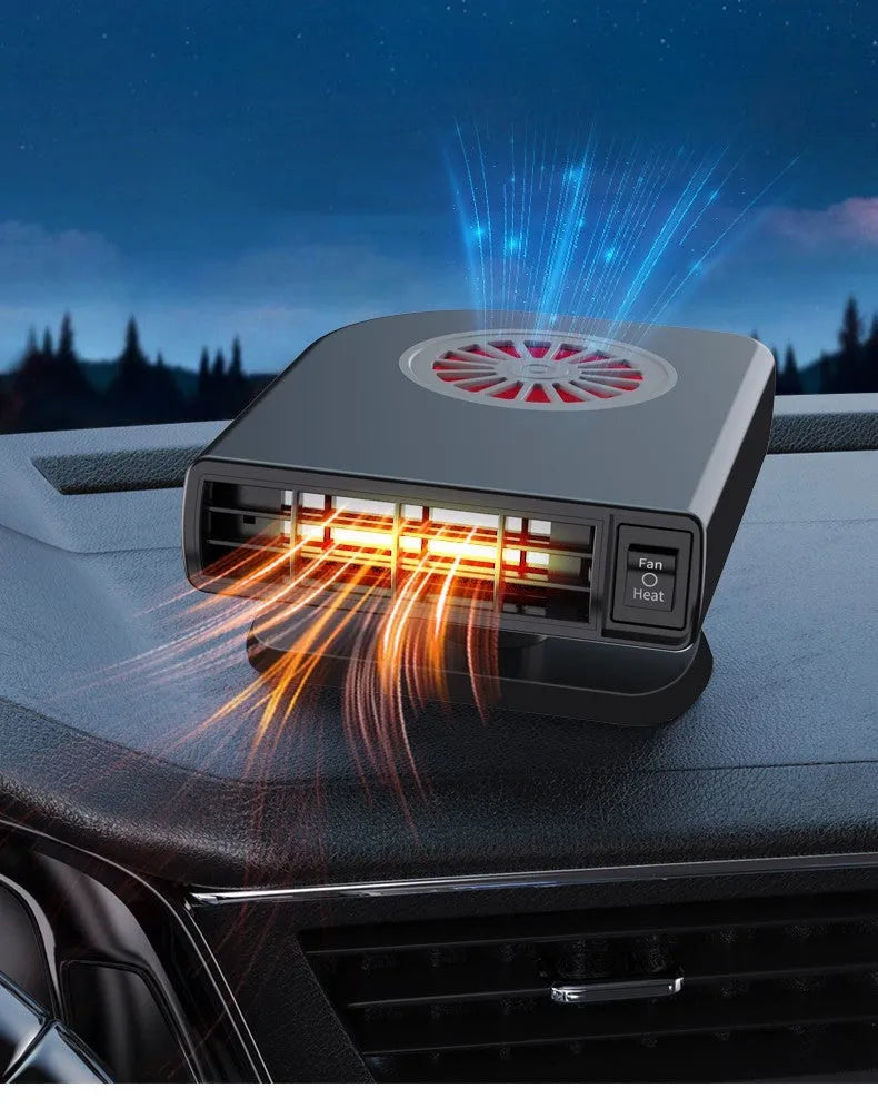 Black portable 12v car heater defogger with adjustable vents on a car dashboard.
