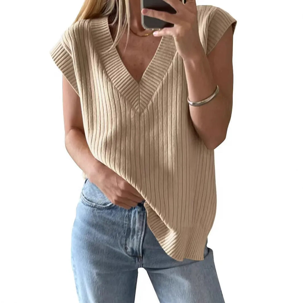 V-neck sleeveless pullover vest in camel or white viscose fibre with loose fit