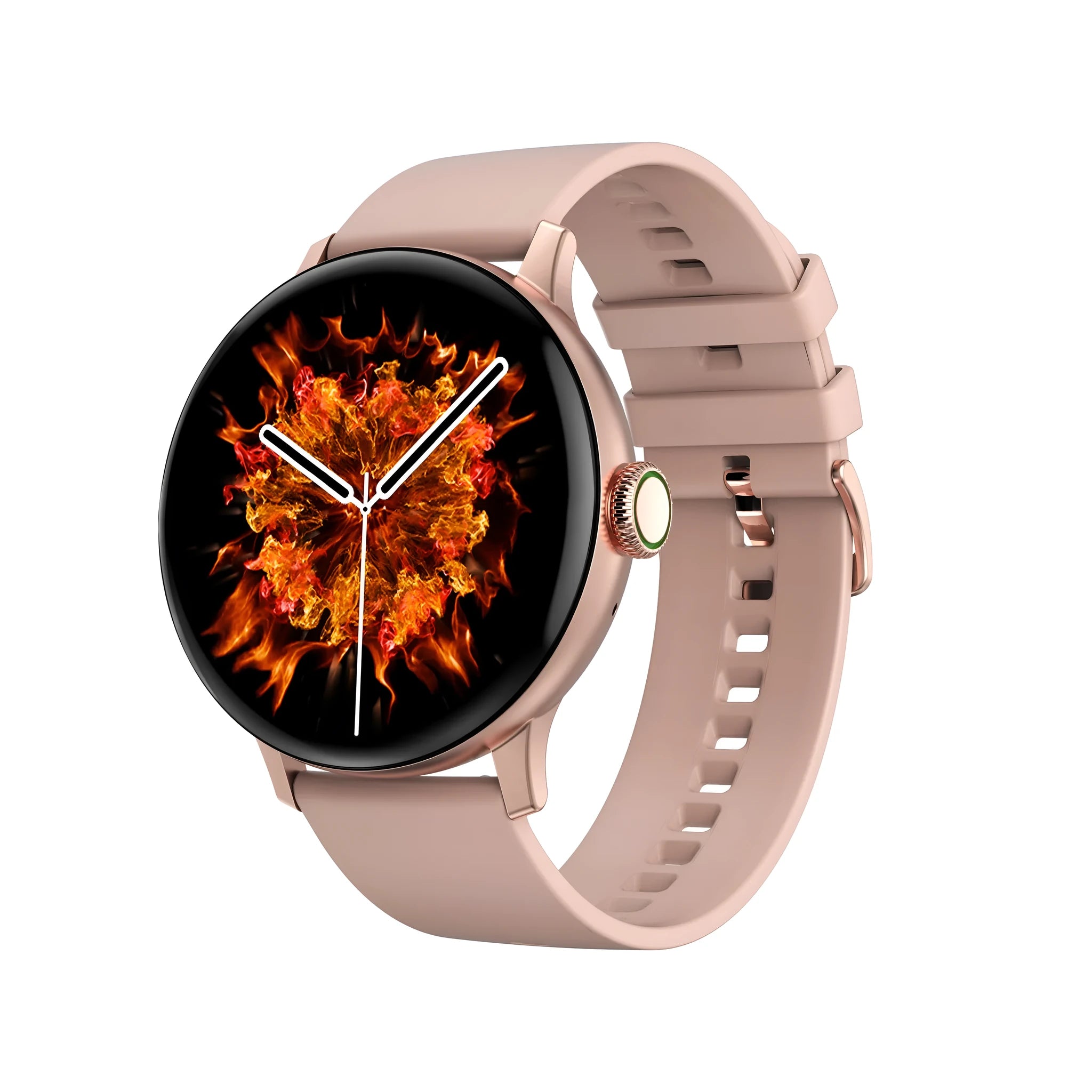 Bluetooth smart bracelet with round screen on a black metal bracelet strap, showing heart rate data.