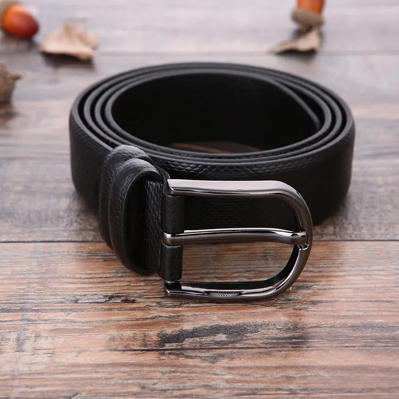Men's black imitation leather business belt with an alloy pin buckle and laser logo elephant pattern.
