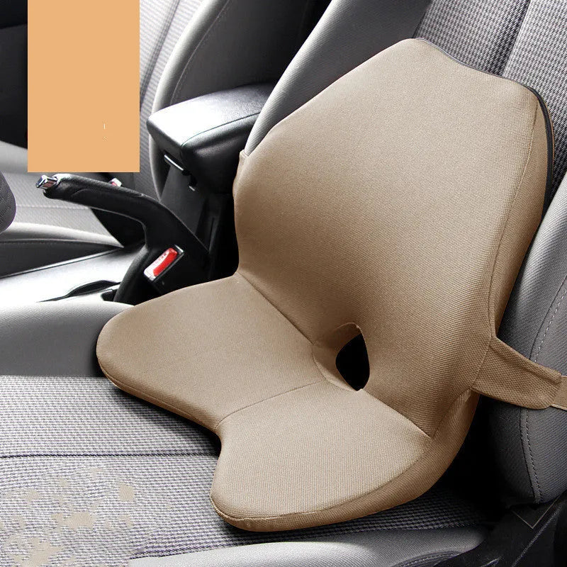 Memory foam car seat cushion and optional headrest in beige colour on a car seat