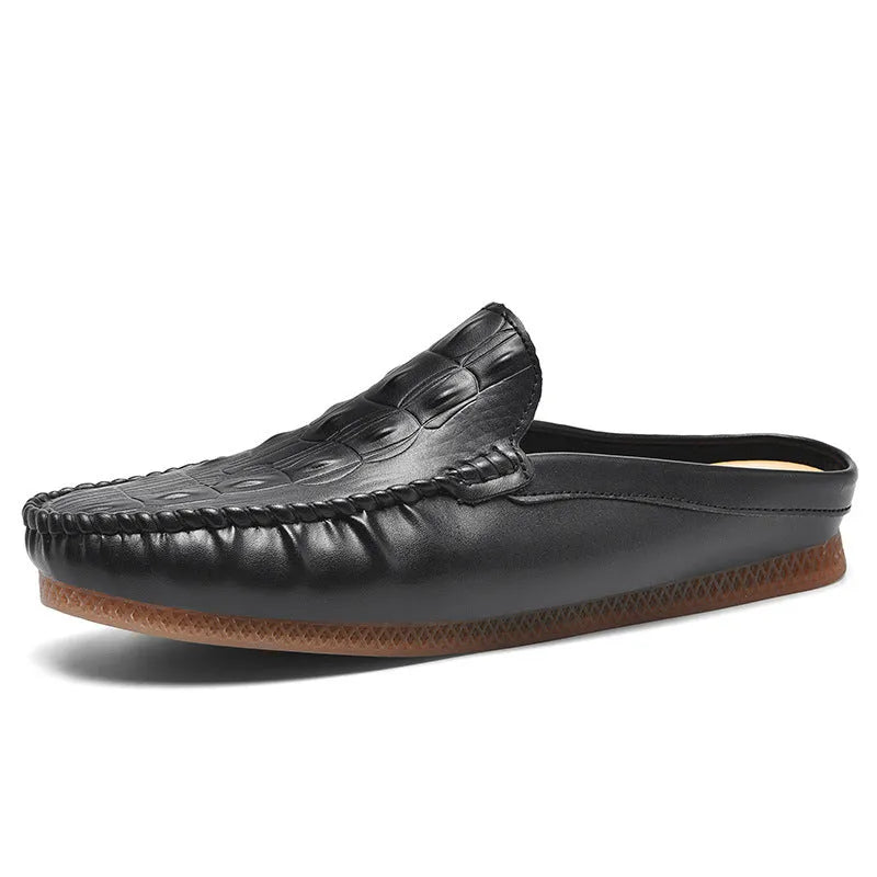 Men's black summer semi-slippers with breathable artificial PU upper and rubber sole