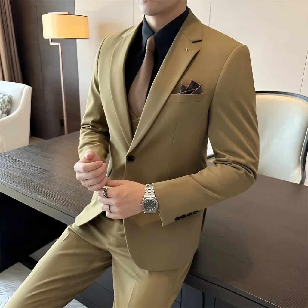 Men's slim fit business formal wear in chemical fibre blend fabric camel colour