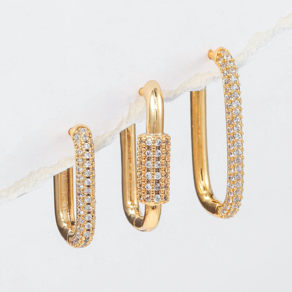 Geometric zircon ear clip three-piece set in copper with square design and European American style