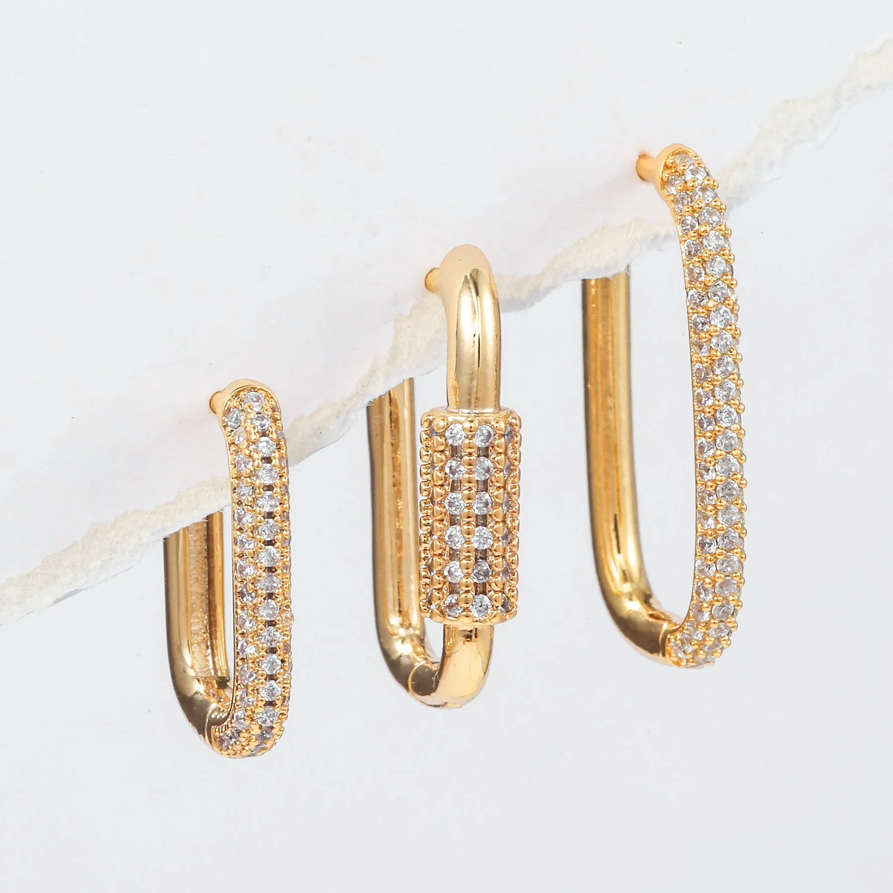 Geometric zircon ear clip three-piece set in copper with square design and European American style