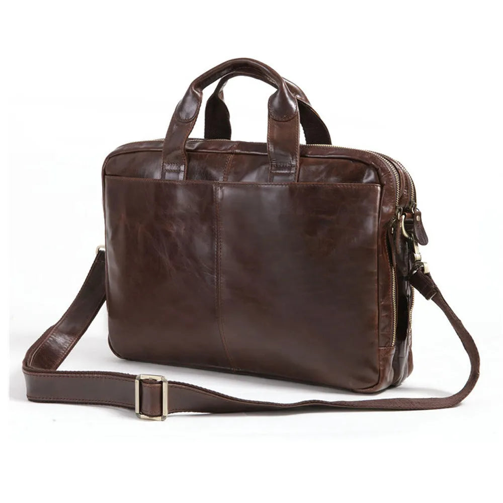 Brown 18-inch men's business briefcase made from first layer cowhide leather with polyester cotton lining