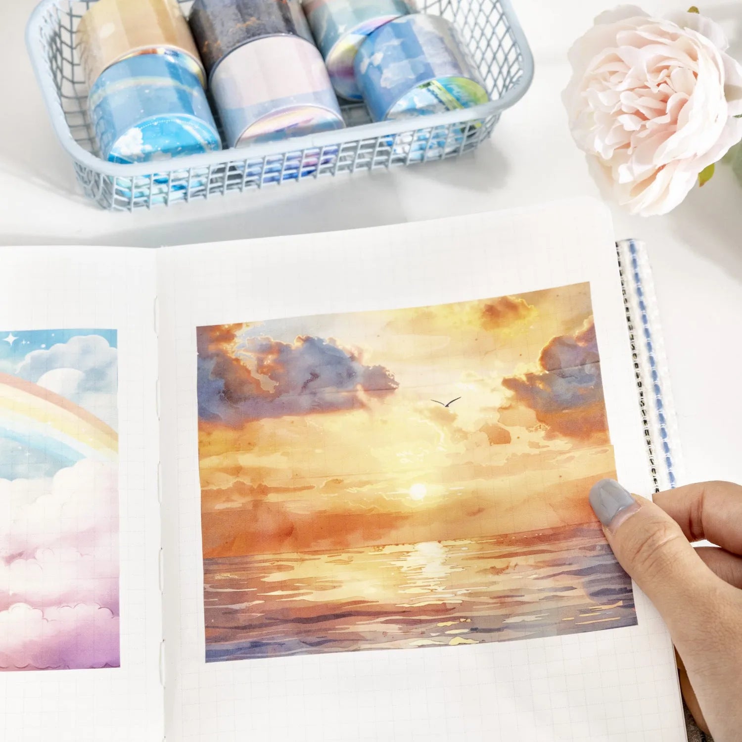 Roll of Japanese paper washi tape with sky theme patterns, showing 30mm width and 2m length.
