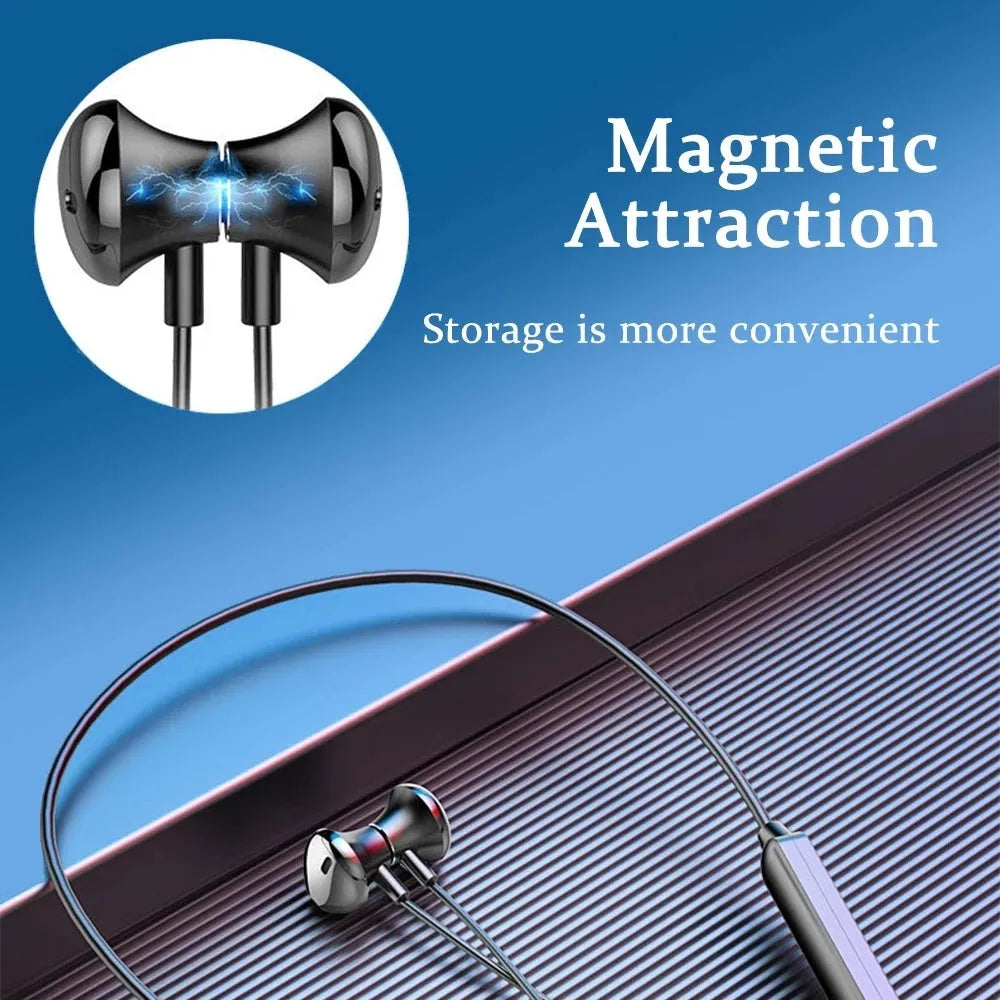 Black neck-mounted wireless sports earphones with Bluetooth connectivity for stereo audio